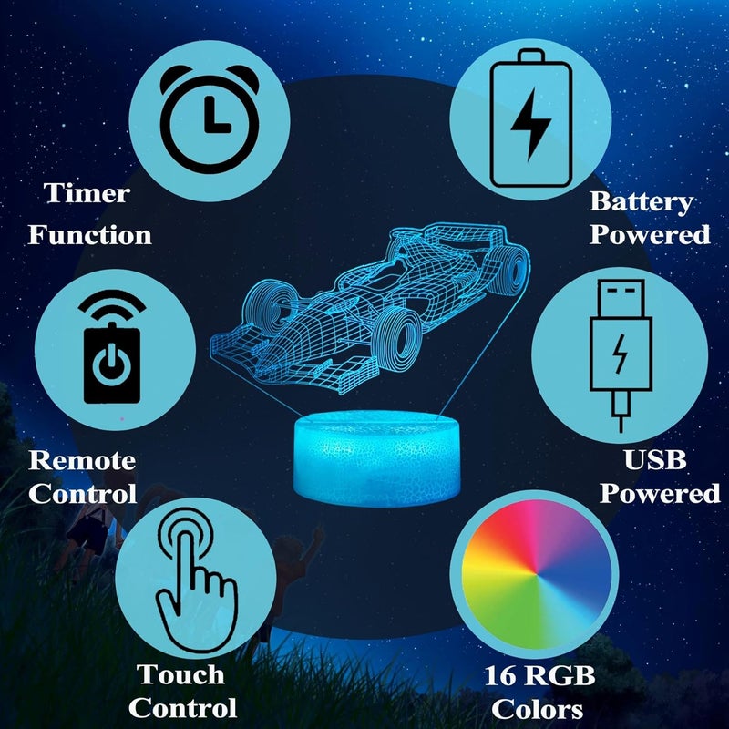 Posshe F1 Car Gifts for Boy, Formula One Night Light with Remote Control, 16 Colors Changing, RGB Flashing Mode and Dimmable, Sport Race Car Gifts for Boys Christmas Decor - Image 3